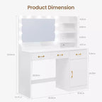 Coiffeuse avec miroir, lumières LED et prise électrique, table de maquillage avec 3 tiroirs et étagères de rangement, pour chambre à coucher ou dressing