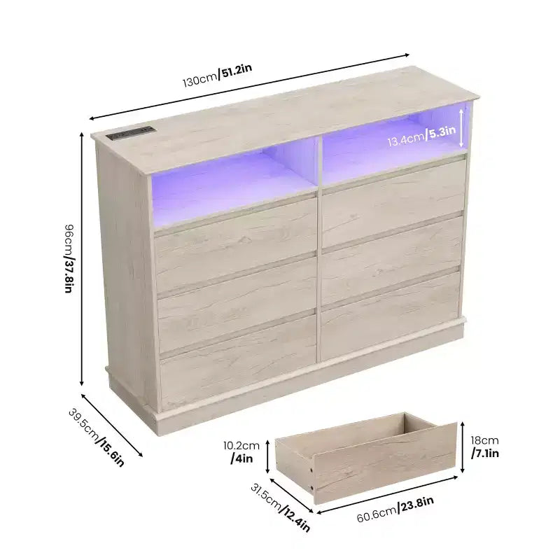 Commode de chambre à coucher, commode à 6 tiroirs, commode large à 6 tiroirs avec espace ouvert, armoire de rangement moderne grande capacité, salon, couloir