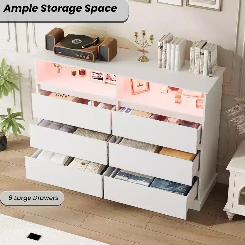 Commode de chambre à coucher, commode à 6 tiroirs, commode large à 6 tiroirs avec espace ouvert, armoire de rangement moderne grande capacité, salon, couloir