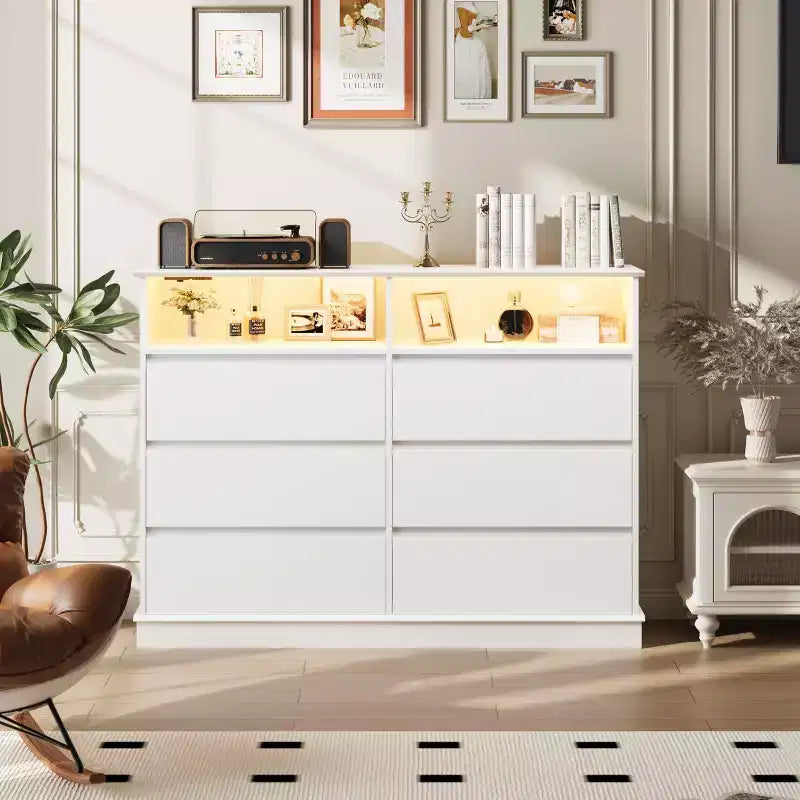 Commode de chambre à coucher, commode à 6 tiroirs, commode large à 6 tiroirs avec espace ouvert, armoire de rangement moderne grande capacité, salon, couloir