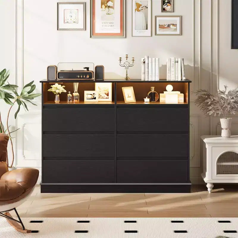 Commode de chambre à coucher, commode à 6 tiroirs, commode large à 6 tiroirs avec espace ouvert, armoire de rangement moderne grande capacité, salon, couloir