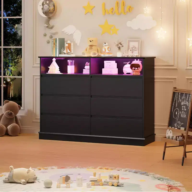 Commode de chambre à coucher, commode à 6 tiroirs, commode large à 6 tiroirs avec espace ouvert, armoire de rangement moderne grande capacité, salon, couloir