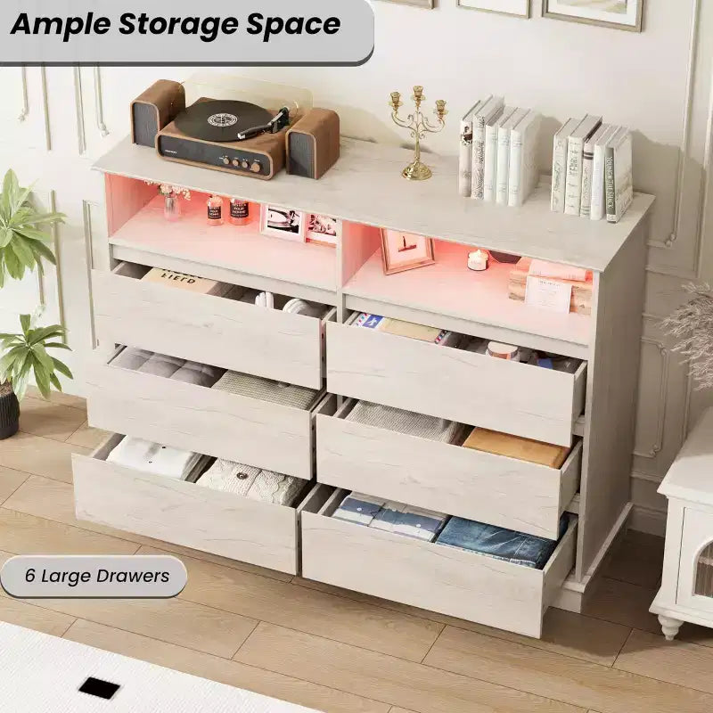 Commode de chambre à coucher, commode à 6 tiroirs, commode large à 6 tiroirs avec espace ouvert, armoire de rangement moderne grande capacité, salon, couloir