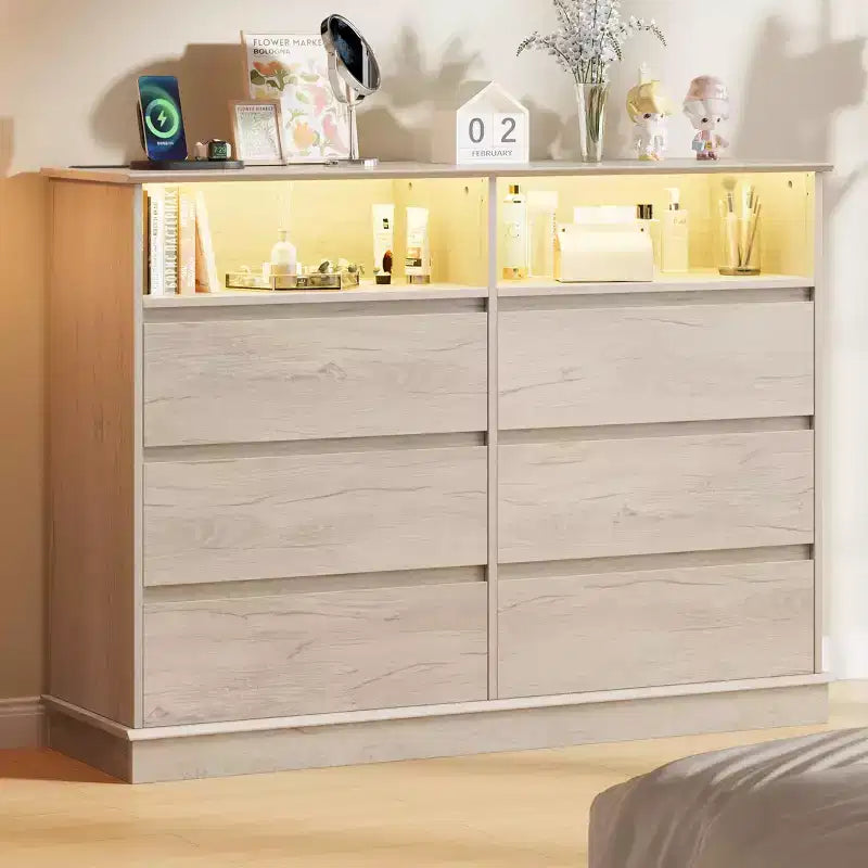 Commode de chambre à coucher, commode à 6 tiroirs, commode large à 6 tiroirs avec espace ouvert, armoire de rangement moderne grande capacité, salon, couloir