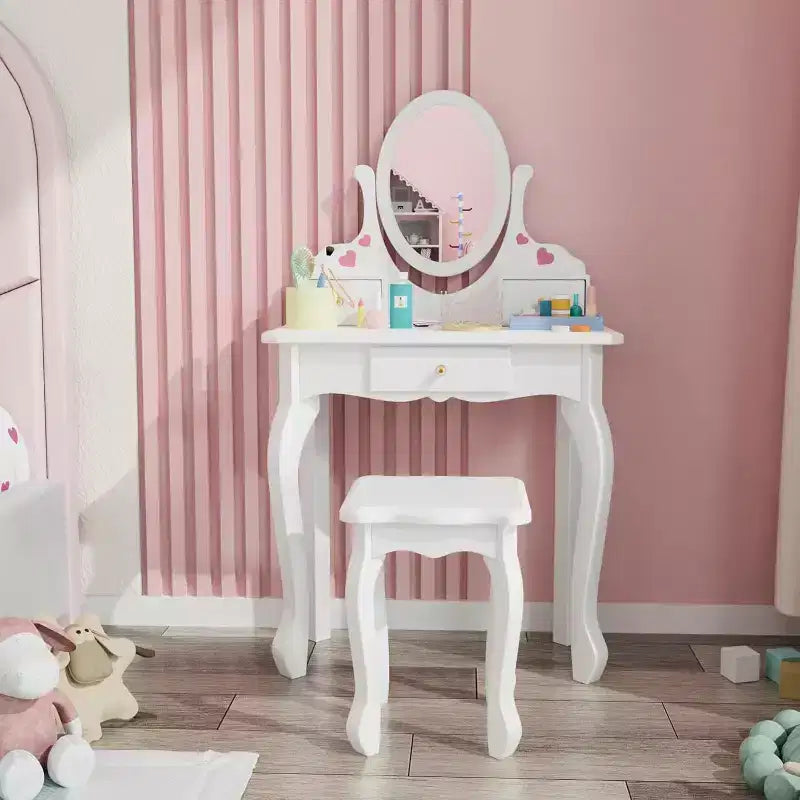 Coiffeuse pour enfants JOYMOR avec 3 tiroirs, table et chaise de maquillage de princesse avec miroir rotatif pour filles