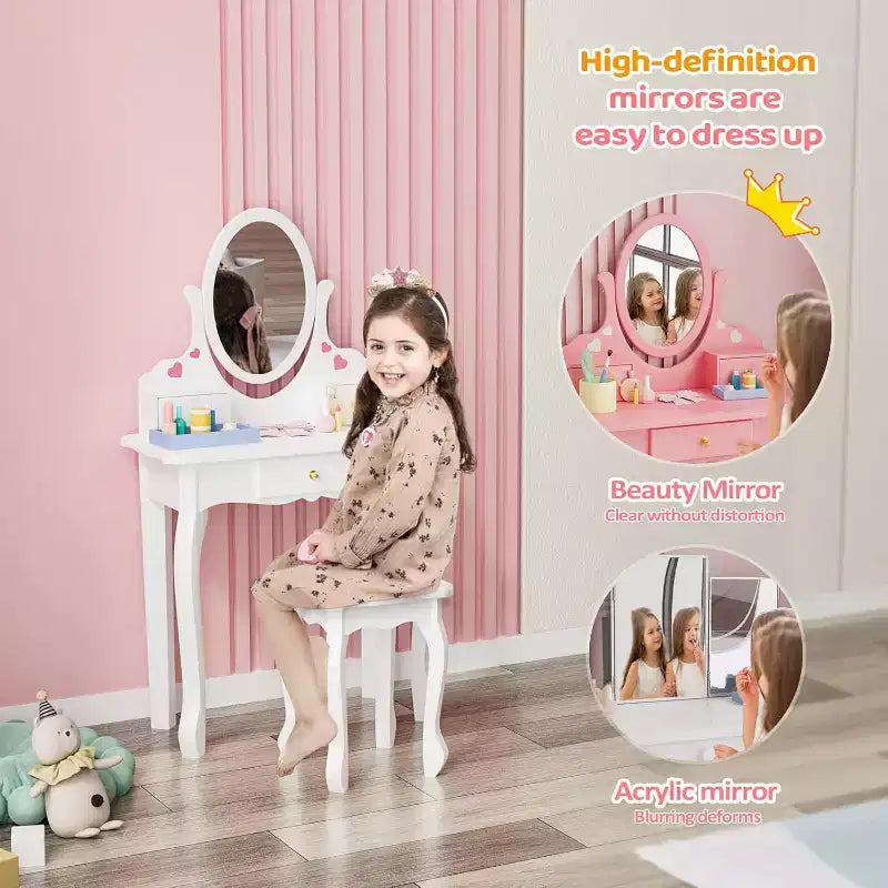 Coiffeuse pour enfants JOYMOR avec 3 tiroirs, table et chaise de maquillage de princesse avec miroir rotatif pour filles