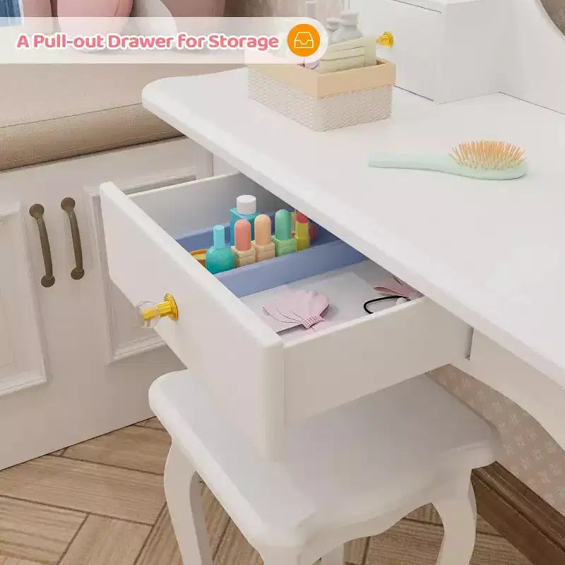 Coiffeuse pour enfants JOYMOR avec 3 tiroirs, table et chaise de maquillage de princesse avec miroir rotatif pour filles