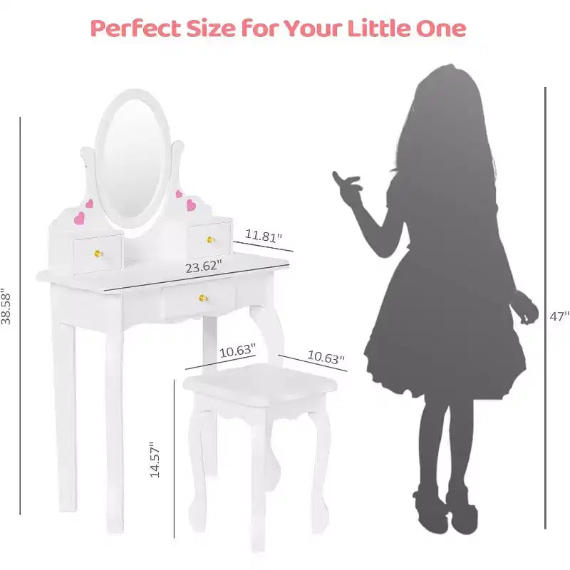 Coiffeuse pour enfants JOYMOR avec 3 tiroirs, table et chaise de maquillage de princesse avec miroir rotatif pour filles