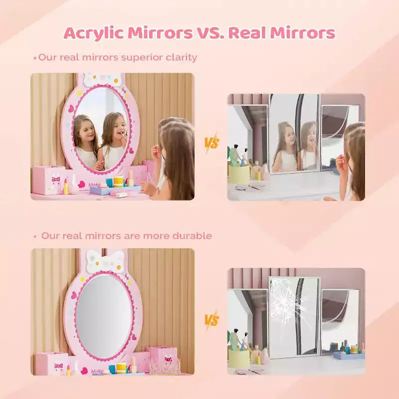 Coiffeuse enfant JOYMOR avec 7 accessoires de maquillage, table et chaise 2-en-1 avec miroir, tiroir et boîte de rangement (Rose)