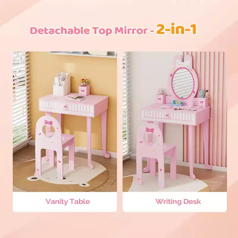 Coiffeuse enfant JOYMOR avec 7 accessoires de maquillage, table et chaise 2-en-1 avec miroir, tiroir et boîte de rangement (Rose)
