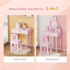 Coiffeuse enfant JOYMOR avec 7 accessoires de maquillage, table et chaise 2-en-1 avec miroir, tiroir et boîte de rangement (Rose)