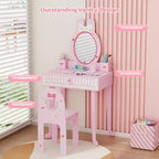 Coiffeuse enfant JOYMOR avec 7 accessoires de maquillage, table et chaise 2-en-1 avec miroir, tiroir et boîte de rangement (Rose)