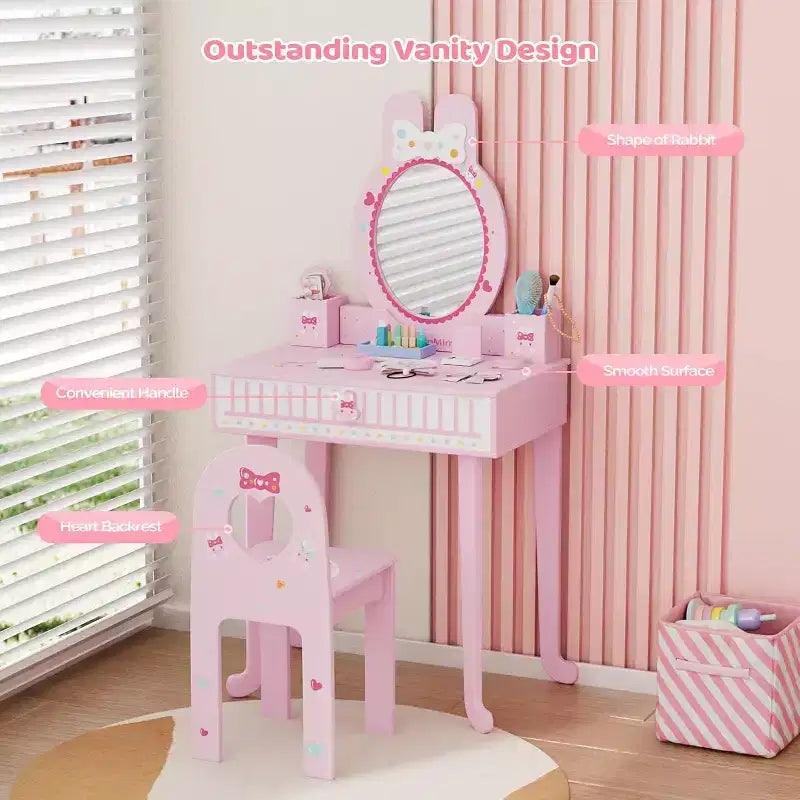 Coiffeuse enfant JOYMOR avec 7 accessoires de maquillage, table et chaise 2-en-1 avec miroir, tiroir et boîte de rangement (Rose)