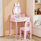 Coiffeuse enfant JOYMOR avec 7 accessoires de maquillage, table et chaise 2-en-1 avec miroir, tiroir et boîte de rangement (Rose)