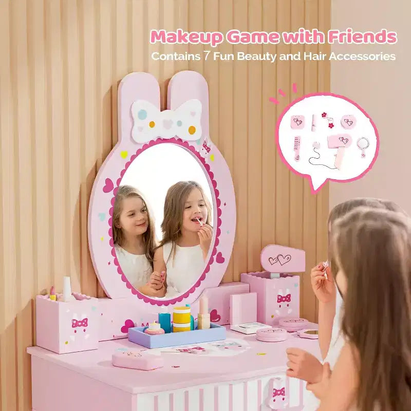 Coiffeuse enfant JOYMOR avec 7 accessoires de maquillage, table et chaise 2-en-1 avec miroir, tiroir et boîte de rangement (Rose)
