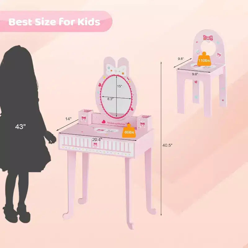Coiffeuse enfant JOYMOR avec 7 accessoires de maquillage, table et chaise 2-en-1 avec miroir, tiroir et boîte de rangement (Rose)
