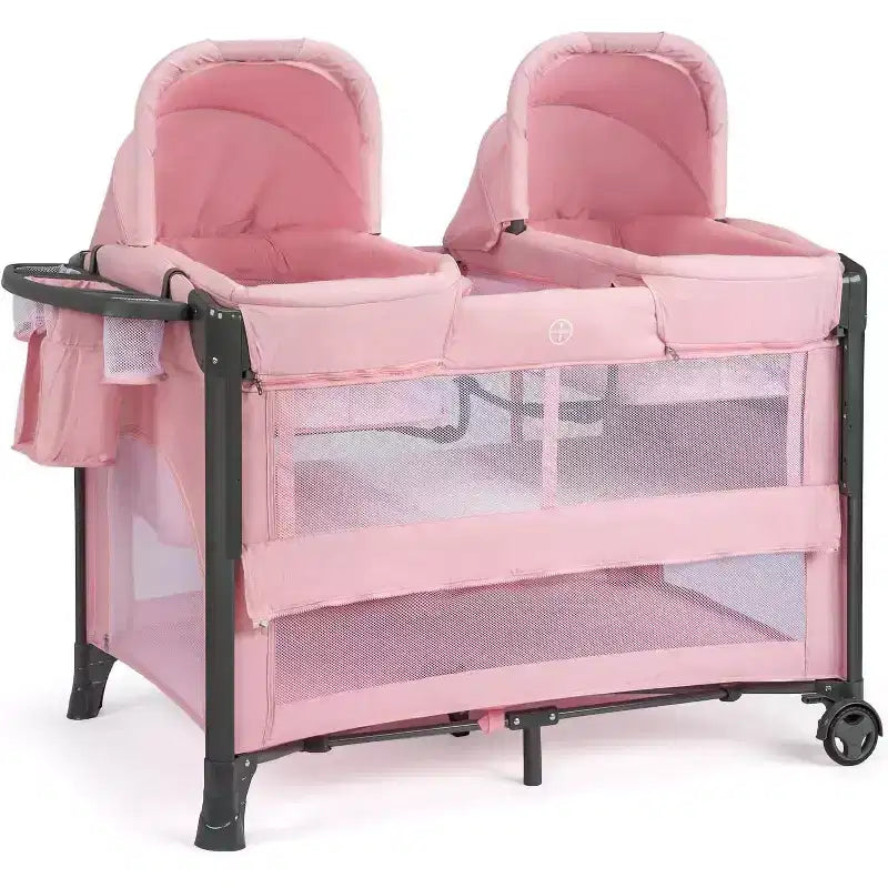 JOYMOR Twin Bassinet for Baby, Pink Bedside Bassinet, Convertible to Bedside Sleeper and Playpen, with Wheel, Brake