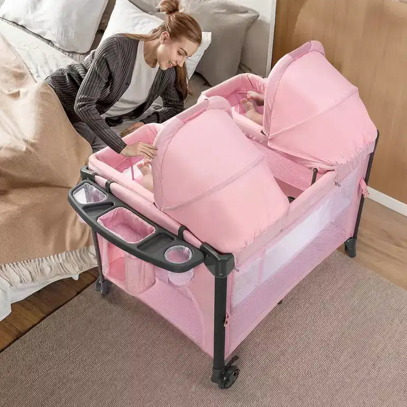 Cododo double JOYMOR pour bébé, berceau rose cododo, convertible en cododo et parc, avec roues, freins