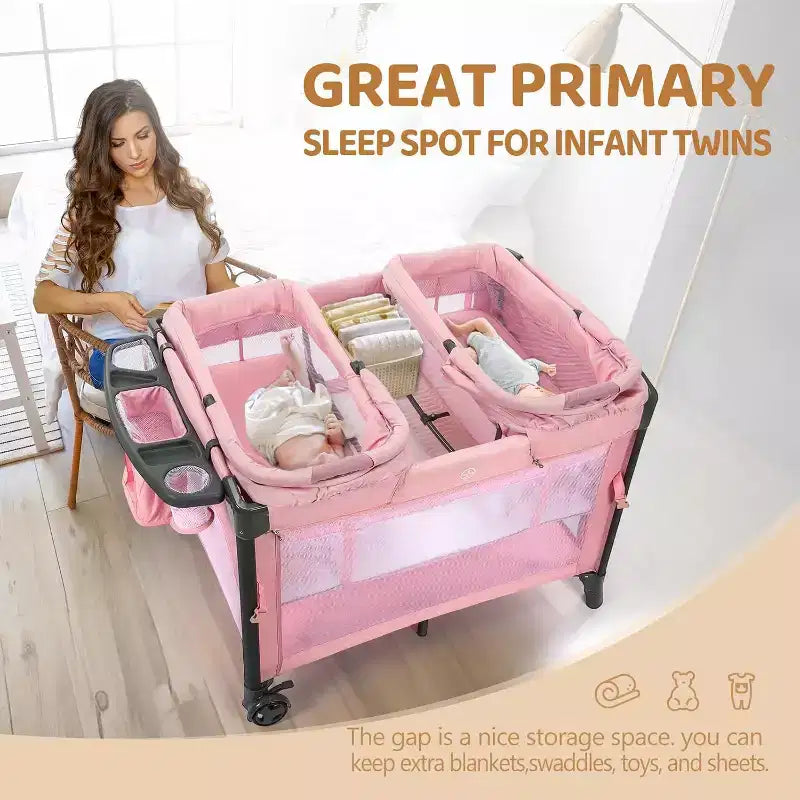 Cododo double JOYMOR pour bébé, berceau rose cododo, convertible en cododo et parc, avec roues, freins
