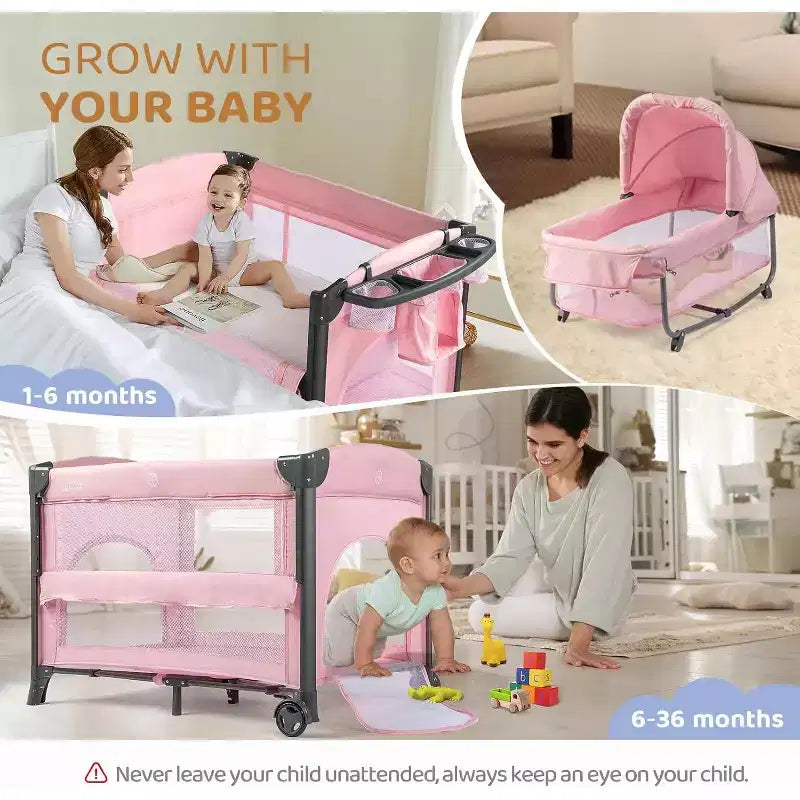 Cododo double JOYMOR pour bébé, berceau rose cododo, convertible en cododo et parc, avec roues, freins