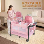 Cododo double JOYMOR pour bébé, berceau rose cododo, convertible en cododo et parc, avec roues, freins
