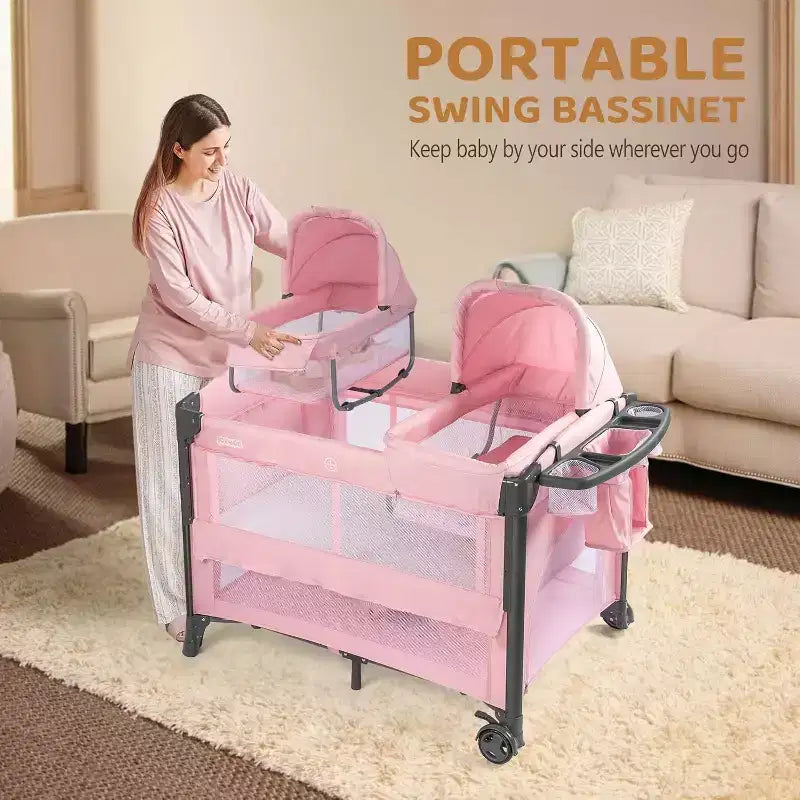 Cododo double JOYMOR pour bébé, berceau rose cododo, convertible en cododo et parc, avec roues, freins
