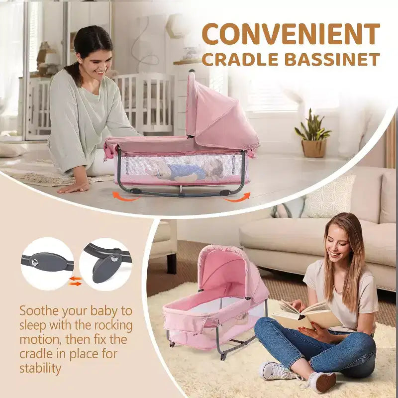Cododo double JOYMOR pour bébé, berceau rose cododo, convertible en cododo et parc, avec roues, freins