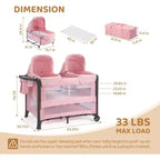 Cododo double JOYMOR pour bébé, berceau rose cododo, convertible en cododo et parc, avec roues, freins