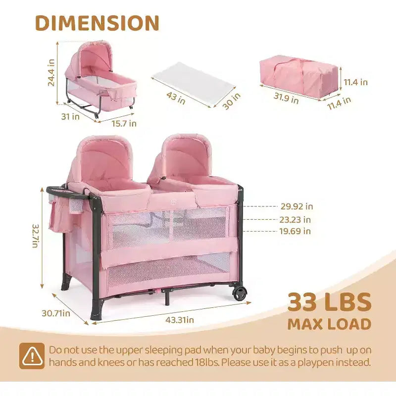 Cododo double JOYMOR pour bébé, berceau rose cododo, convertible en cododo et parc, avec roues, freins
