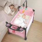 Cododo double JOYMOR pour bébé, berceau rose cododo, convertible en cododo et parc, avec roues, freins