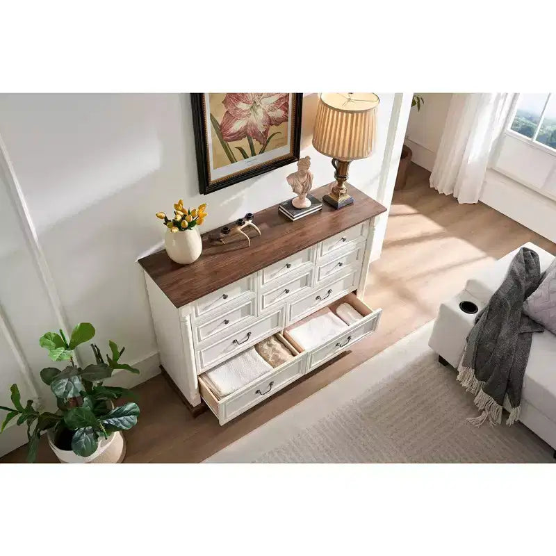 Okak Farmhouse – Commodes de console avec tiroirs et base, commode de chambre à coucher, salon, commode rustique en bois avec poignée anneau