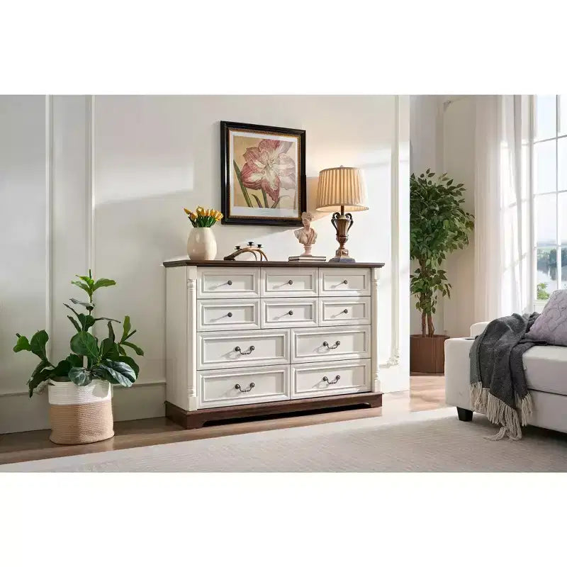 Okak Farmhouse – Commodes de console avec tiroirs et base, commode de chambre à coucher, salon, commode rustique en bois avec poignée anneau