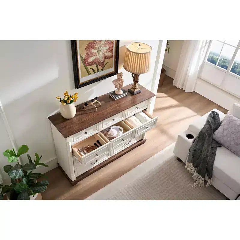 Okak Farmhouse – Commodes de console avec tiroirs et base, commode de chambre à coucher, salon, commode rustique en bois avec poignée anneau