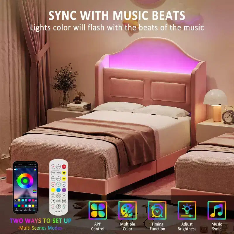Cadre de lit double avec tête de lit de rangement et lumières LED, lit plateforme tapissé en velours pour enfants, aucun sommier tapissier requis, cadre robuste en métal et bois