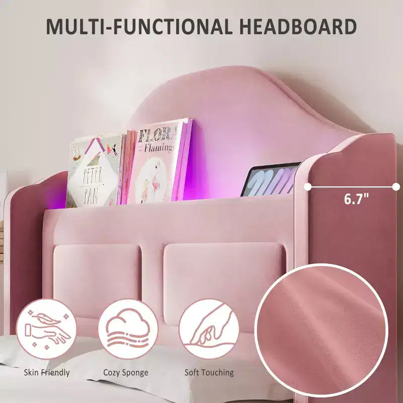 Cadre de lit double avec tête de lit de rangement et lumières LED, lit plateforme tapissé en velours pour enfants, aucun sommier tapissier requis, cadre robuste en métal et bois