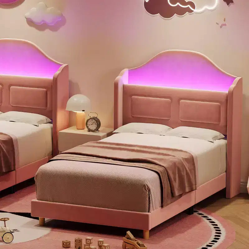 Cadre de lit double avec tête de lit de rangement et lumières LED, lit plateforme tapissé en velours pour enfants, aucun sommier tapissier requis, cadre robuste en métal et bois