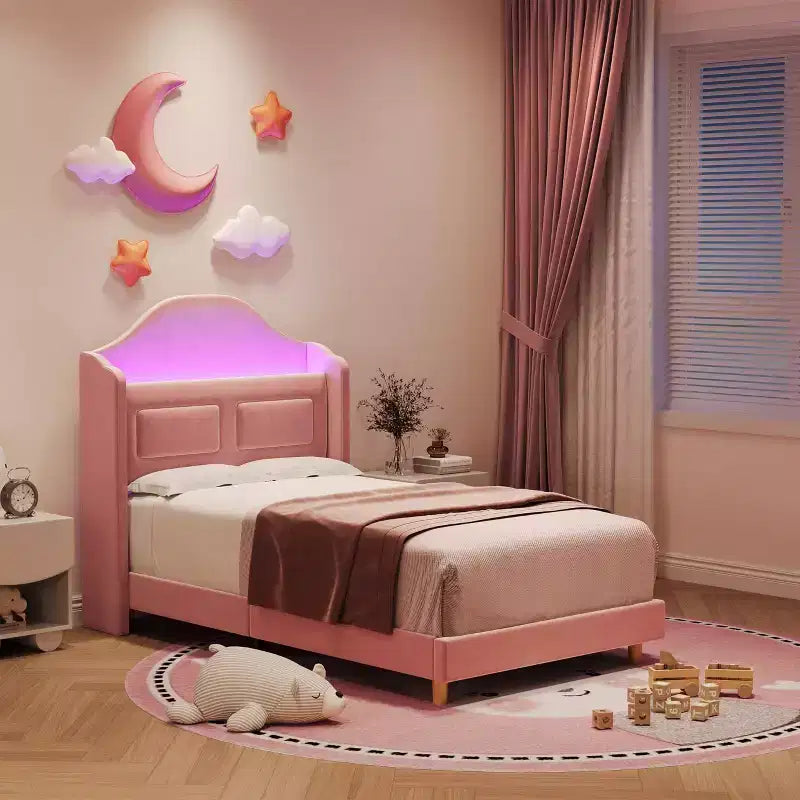 Cadre de lit double avec tête de lit de rangement et lumières LED, lit plateforme tapissé en velours pour enfants, aucun sommier tapissier requis, cadre robuste en métal et bois
