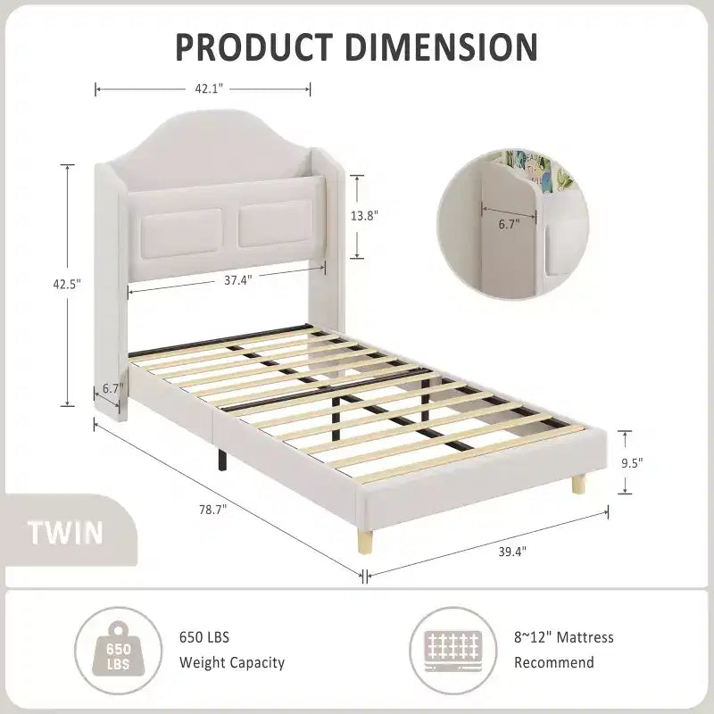 Cadre de lit double avec tête de lit de rangement et lumières LED, lit plateforme tapissé en velours pour enfants, aucun sommier tapissier requis, cadre robuste en métal et bois