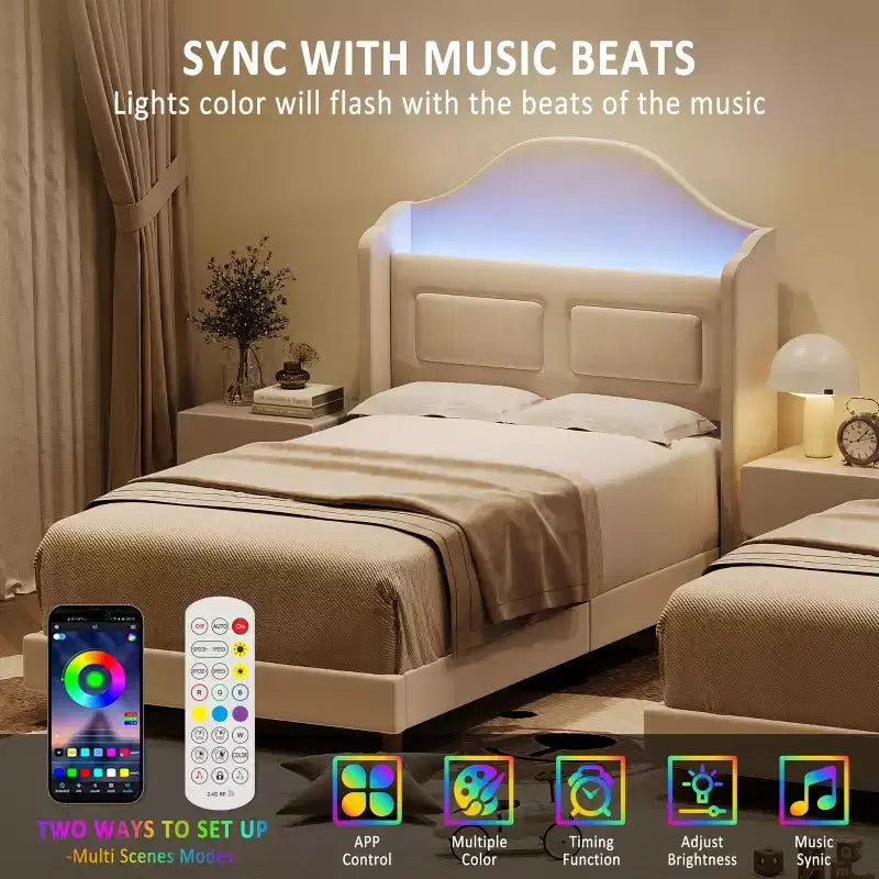 Cadre de lit double avec tête de lit de rangement et lumières LED, lit plateforme tapissé en velours pour enfants, aucun sommier tapissier requis, cadre robuste en métal et bois