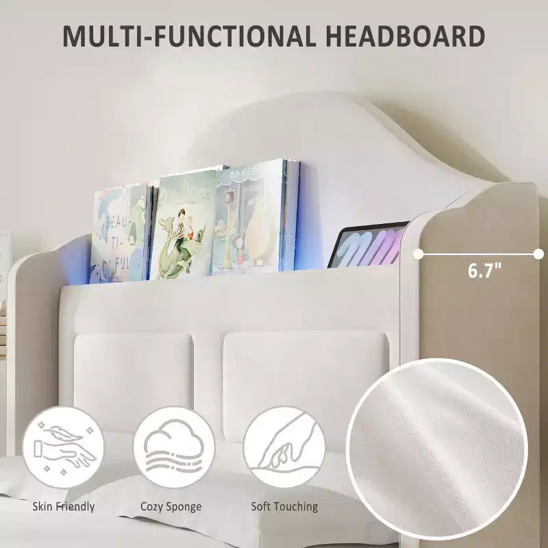 Cadre de lit double avec tête de lit de rangement et lumières LED, lit plateforme tapissé en velours pour enfants, aucun sommier tapissier requis, cadre robuste en métal et bois