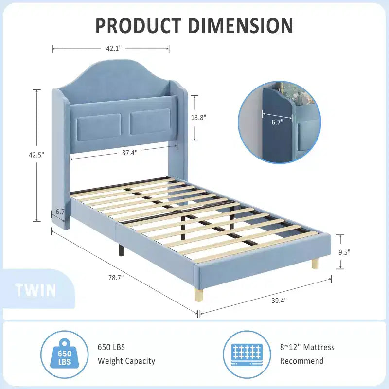 Cadre de lit double avec tête de lit de rangement et lumières LED, lit plateforme tapissé en velours pour enfants, aucun sommier tapissier requis, cadre robuste en métal et bois