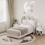 Cadre de lit double avec tête de lit de rangement et lumières LED, lit plateforme tapissé en velours pour enfants, aucun sommier tapissier requis, cadre robuste en métal et bois