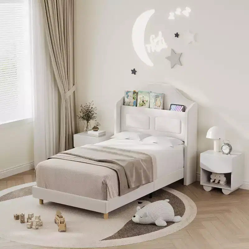 Cadre de lit double avec tête de lit de rangement et lumières LED, lit plateforme tapissé en velours pour enfants, aucun sommier tapissier requis, cadre robuste en métal et bois