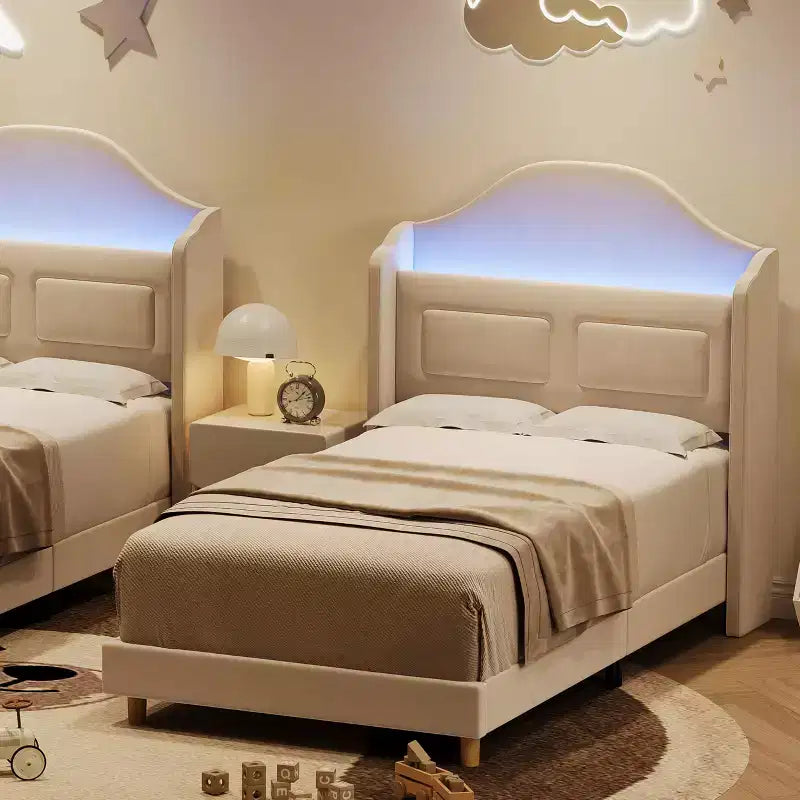 Cadre de lit double avec tête de lit de rangement et lumières LED, lit plateforme tapissé en velours pour enfants, aucun sommier tapissier requis, cadre robuste en métal et bois