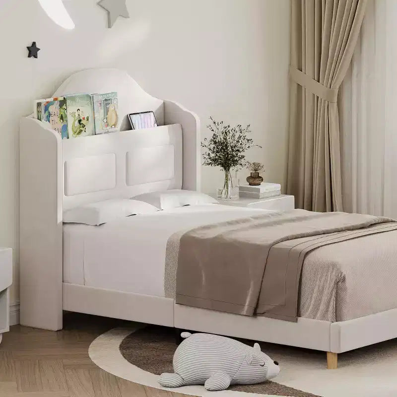 Cadre de lit double avec tête de lit de rangement et lumières LED, lit plateforme tapissé en velours pour enfants, aucun sommier tapissier requis, cadre robuste en métal et bois