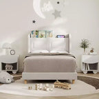 Cadre de lit double avec tête de lit de rangement et lumières LED, lit plateforme tapissé en velours pour enfants, aucun sommier tapissier requis, cadre robuste en métal et bois