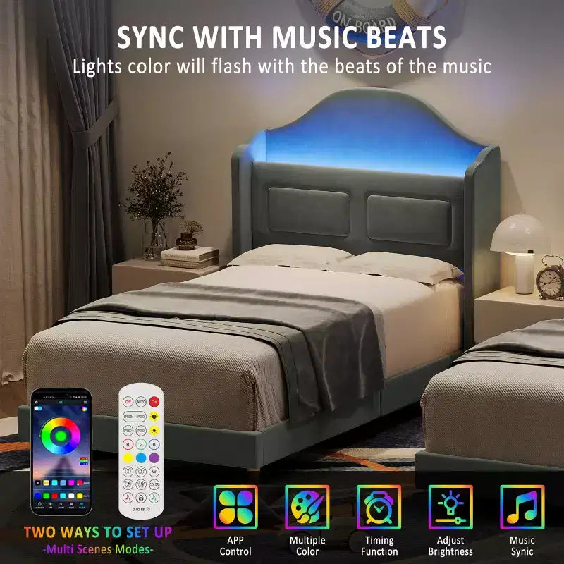 Cadre de lit double avec tête de lit de rangement et lumières LED, lit plateforme tapissé en velours pour enfants, aucun sommier tapissier requis, cadre robuste en métal et bois