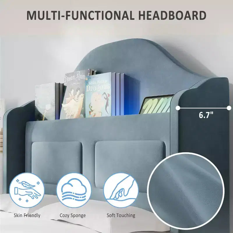 Cadre de lit double avec tête de lit de rangement et lumières LED, lit plateforme tapissé en velours pour enfants, aucun sommier tapissier requis, cadre robuste en métal et bois
