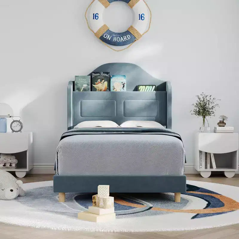 Cadre de lit double avec tête de lit de rangement et lumières LED, lit plateforme tapissé en velours pour enfants, aucun sommier tapissier requis, cadre robuste en métal et bois
