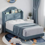 Cadre de lit double avec tête de lit de rangement et lumières LED, lit plateforme tapissé en velours pour enfants, aucun sommier tapissier requis, cadre robuste en métal et bois